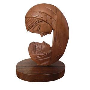 Vintage Hand Carved Wood Mary and Jesus Mother and Child Moon Shaped
